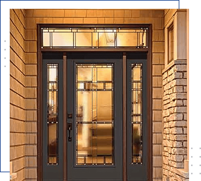 A front door with two windows and a brick wall.