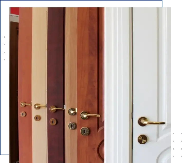 A row of doors with different colors and sizes.